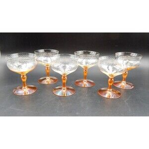 Low Sherbet Champagne Glass Optic Swirl Iridescent Base Peach Set of 6